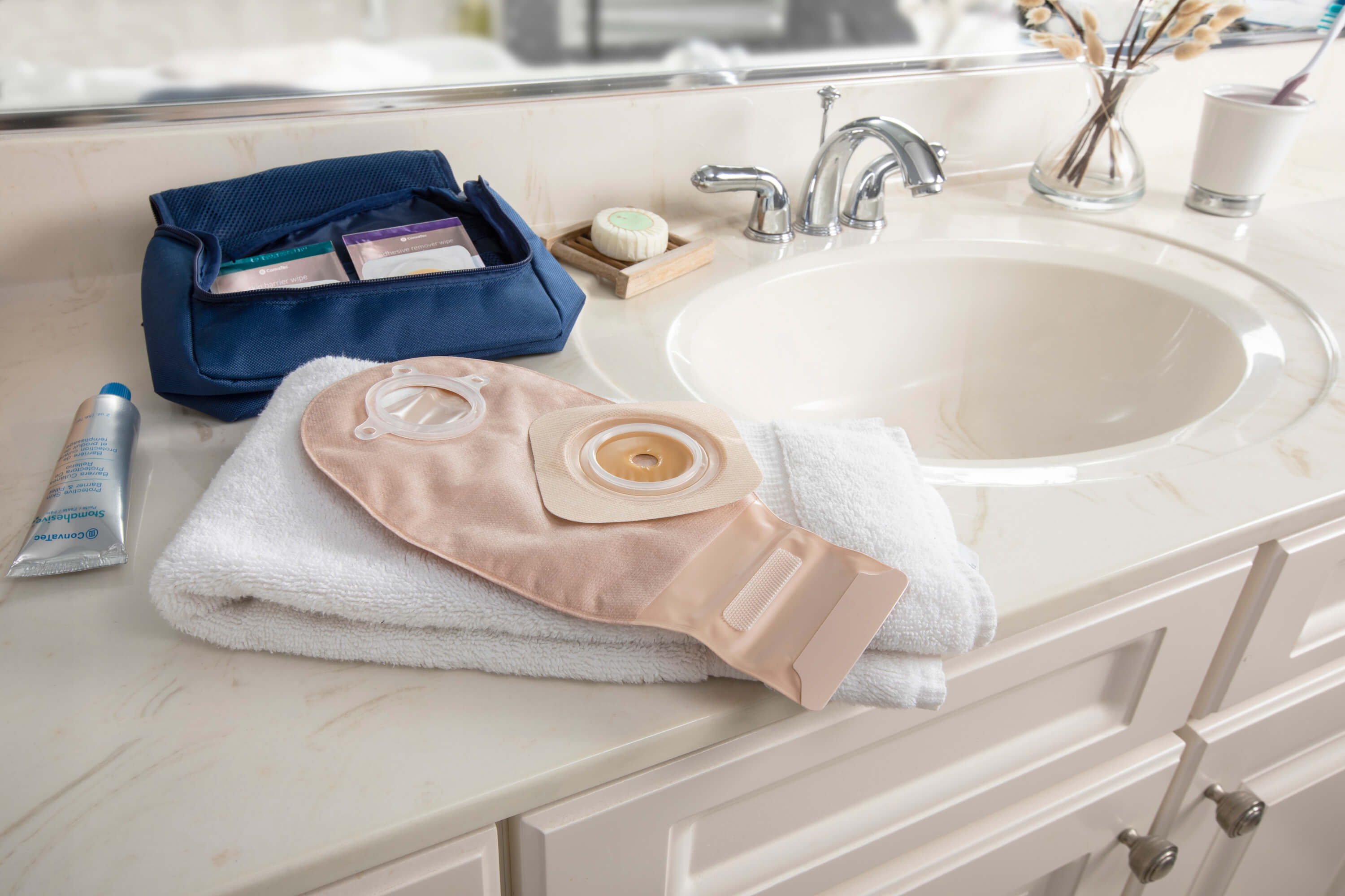 a stoma bag on a sink